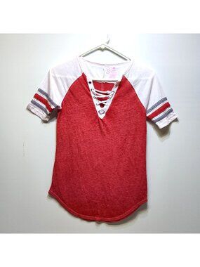 Wishful Park V-Neck Cage Neckline Raglan Short Sleeve Sheer Feel Women's Small